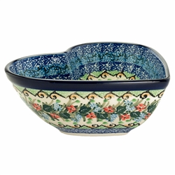 Polish Pottery 7" Heart Shaped Bowl. Hand made in Poland. Pattern U4061 designed by Teresa Liana.