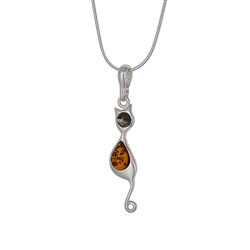 Our cute Kitty Cart pendant feature green and honey amber set in sterling silver.  Chain sold separately.