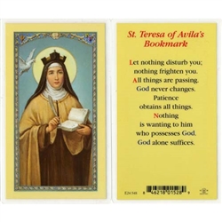 St. Teresa of Avila's Bookmark - Holy Card.  Plastic Coated. Picture is on the front, text is on the back of the card.