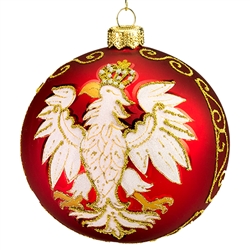 Celebrate your unique heritage with this distinctive ornament depicting Poland's national symbol. Artfully hand painted by skilled glass artisans in Poland, our distinctive 4" diameter ornament features a stylized white eagle with golden crown, beak and t