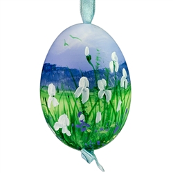 This beautiful hand painted duck egg comes ready to hang. The eggs have been emptied and strung through with ribbon for hanging. No two eggs are exactly alike and ribbon colors vary as well.