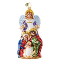 An angel watches over the the Holy Family, marking the very first Blessed Christmas event. You'll love the heavenly hues and sparkling highlights on this beautiful ornament!