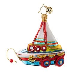 A toy boat on wheels makes for a nautically Merry Christmas! It's a totally see-worthy ornament with its beautifully hand-painted red, white, blue and gold design.