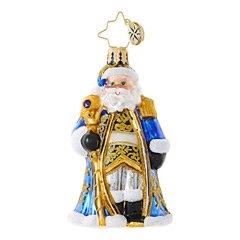 This could be St. Nick's most dazzling alternative outfit to date! Replete with a bejeweled scepter, he looks regal in his royal blue and gold regalia.