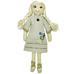 Gorgeous Kashubian cloth doll made in Gdansk. Kasia is made with linen and yarn. Her dress is removable, embroidered with a traditional Kashubian floral design and she is wearing a pendant of genuine amber. Her slippers are hand tied to her feet.