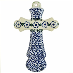 Polish Pottery Cross 7.75". Hand made in Poland and artist initialed.