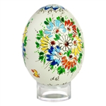 This beautifully designed chicken egg is hand painted by master folk artist Alina Wypchlo from Opole, Poland. Her colors are strong and bright. Look carefully and you will find humorous folk elements of nature incorporated into her designs (i.e. a cricket