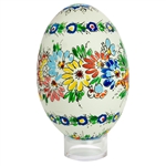 This beautifully designed goose egg is hand painted by master folk artist Alina Wypchlo from Opole, Poland. Her colors are strong and bright. Look carefully and you will find humorous folk elements of nature incorporated into her designs (i.e. a cricket