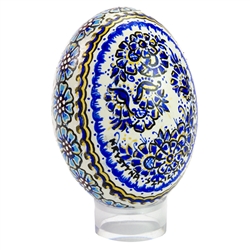 This beautifully designed duck egg is hand scratched and painted by master folk artist Krystyna Szkilnik from Opole, Poland. The painting is done in the traditional style from Opole. Signed and dated (2017) by the artist.