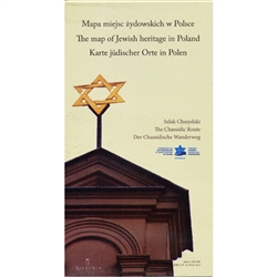 Two sided folded paper map.  Front side is a full size map of Poland with an alphabetical index on the side of place names. Back side is a map of the Chassidic Route in Eastern Poland with city/town  names. The map includes: open synagogues for visitors,