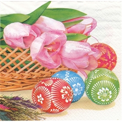 Celebrate the Easter season with these beautiful napkins. These original designs will make any table festive with these beautiful eggs and tulips. Three ply napkins with water based paints used in the printing process.