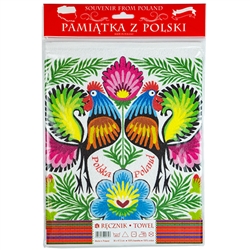 Nice souvenir and packaging from Poland. 100% cotton kitchen towel with a printed rooster floral design. The towel size is approx 12" x 18" which is smaller than usual so it could also be used as a place mat.