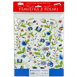 Nice souvenir and packaging from Poland. 100% cotton kitchen towel with a printed Kashubian floral design. The towel size is approx 12" x 18" which is smaller than usual so it could also be used as a place mat.