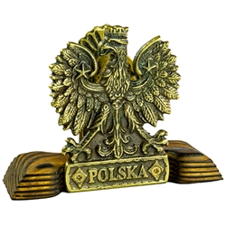 Two sided wood and cast bronze display stand. The Polish Eagle is on one side and Polish Hussar symbols on the other.  Display your Polish heritage with this classic cast piece.  Perfect for holding letters, napkins, etc.