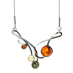 Beautiful sterling silver pendant and adjustable length chain (16" - 17") decorated with multi-color amber cabochons.