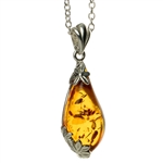 Silver Leaf Teardrop Amber Necklace