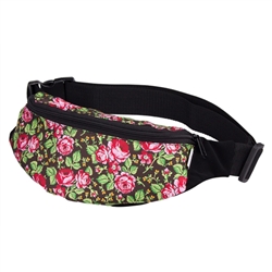 Darling fanny pack decorated with a colorful Goral floral design. 100% polyester and plastic lined. Adjustable heavy duty woven belt. Made in Poland.