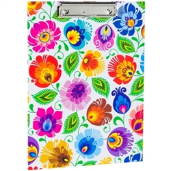 Colorful Wycinanki floral design clipboard. Made of cardboard (2mm) and colored laminated veneer. It has a clamping mechanism for holding paper. The sliding opening (pull-up) allows the pad to be hung on the wall. Folk decoration on both sides.