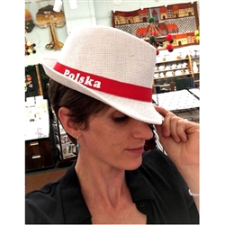 Straw Polish Hipster Hat. Display the Polish colors of red and white with this handsome looking hat with a tip of your head!  Designed to fit head size 22.75" max.