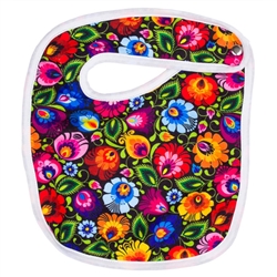 100% cotton baby's bib in a traditional Polish Lowicz flower design. Metal snap opener.