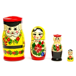 From the traditional crafting village of Semenov, this Russian folk art matryoshka takes good care of his lovely wife and small son and daughter.  The Semenov Good Family Man wears the signature red flowers on yellow background typical of Semenov stacking