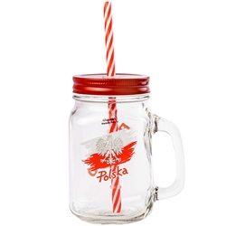 A Mason style glass drinking jar features the Polish Eagle on one side and the word Poland on the other. Comes with a hard plastic straw that is reusable and ecofriendly. Made in Krosno, Poland, the center of Polish fine glassware.