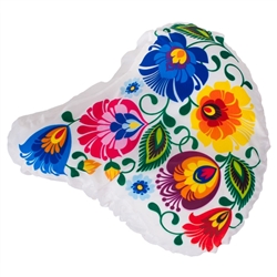 Attractive stretchy bicycle seat cover decorated with a Polish paper cut pattern. Maximum size approx. 10" x 10".  Imported from Poland.
100% polyester.
