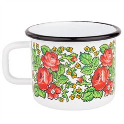 Enameled mugs are a return to your roots. Every grandmother had or even still has enamel pots because they are very durable. Decorated in a traditional Goralski floral pattern.