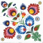 Package of 20 luncheon napkins featuring a beautiful Polish folk pattern. Three ply napkins with water based paints used in the printing process.