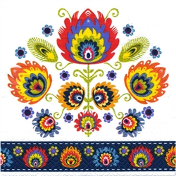 Package of 20 luncheon napkins featuring a beautiful Polish folk pattern. Three ply napkins with water based paints used in the printing process.