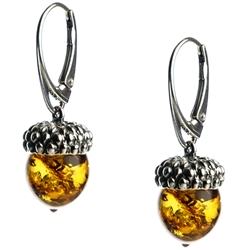 Charming sterling silver acorn shaped amber earrings.