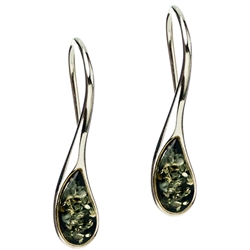 Stylish green colored amber drop earrings in sterling silver with long open french hooks.