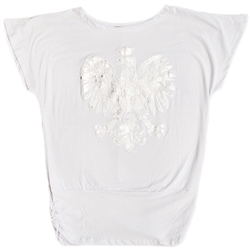 Blouson style white t-shirt with a large metallic silver Polish eagle applique. Drop sleeves and side ruching at the bottom 7".  90% cotton 10% polyester.