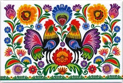 A Polish paper cut scene of two roosters surrounded by flowers.  This magnet is about the size of a business card, is non-flexible with a strong magnet.  Size is approx 3" x 2".