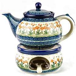 Polish Pottery 40 oz. Teapot and Warmer Set. Hand made in Poland and artist initialed.