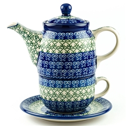 Polish Pottery 16 oz. Personal Teapot Set. Hand made in Poland and artist initialed.