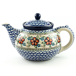 Polish Pottery 40 oz. Teapot. Hand made in Poland and artist initialed.