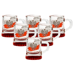 Set of (6) glass shot glasses, emblazoned on one side with the Polish eagle against a red & white banner, and the famous toast: "Na Zdrowie" (To Your Health) on the other side.