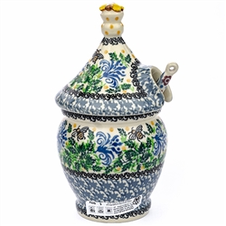 Polish Pottery 7" Honey Jar Set. Hand made in Poland. Pattern U4277 designed by Wirginia Cebrowska.