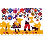 A Polish paper cut scene of a farmer and his wife working in the fields from the Lowicz region.  This magnet is about the size of a business card, is non-flexible with a strong magnet.