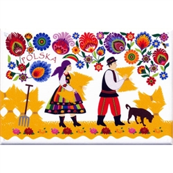 A Polish paper cut scene of a farmer and his wife working in the fields from the Lowicz region.  This magnet is about the size of a business card, is non-flexible with a strong magnet.