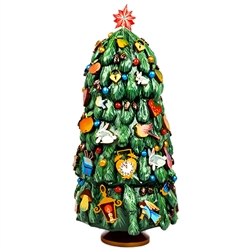 This beautifully decorated wooden tree is hand painted in Russia. Winding the cathedral clockwise plays the popular Russian melody, "Midnight In Moscow".  Tree top star is removable for shipping.