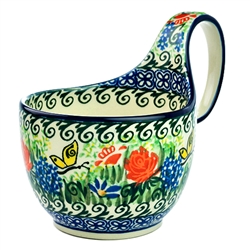 Polish Pottery 14 oz. Soup Bowl with Handle. Hand made in Poland. Pattern U2378 designed by Danuta Knapik.