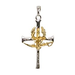 Beautiful Polish sterling silver eagle cross and sabre. Features a 24k gold plated over silver Polish Eagle/Sabre and the patriotic motto "Bog, Honor, Ojczyzny (God, Honor, Country) imprinted on the cross. Size approx 1.5" x 1". Made In Poland