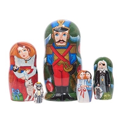 Just as in America and Germany, Russia cherishes the Nutcracker Ballet. Clara's beloved Nutcracker Prince bravely stands guard over this festive nesting doll, based on the Tchaikovsky ballet and Hoffman's fairy tale. The outermost doll features the Nutcra