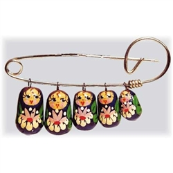 Here's a true classic of Russian folk art. Five colorful maidens dangle from this popular pin. Fun and whimsical, it's a folksy addition to any get up--at a bargain price. Add cheer to any coat or sweater by pinning on this family of Russian ladies. Let