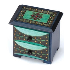 Two drawer chest with border design on the top accented with metal inlay.
Handmade in Poland's Tatra Mountain region.