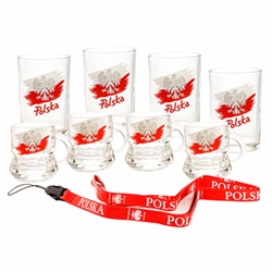 Made in Poland this handsome Polska eagle banner (18pc) clear glass drink set will look great in your home bar, or when serving guests during the Holiday season.  Everything you need to celebrate the occasion!