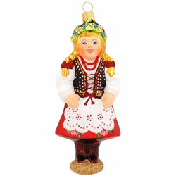 Celebrate the spirited culture of Poland with this beautiful glass keepsake! Our Polish Krakow dancer glass ornament depicts a girl with long blond braids wearing a traditional red costume overlaid with a white apron. Skillfully crafted of glass in Poland