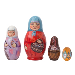 In the book Rechenkas Eggs, author Patricia Polacco tells us about an old woman who paints Ukrainian pisanki Easter eggs, and the magical adventure she has with a wild goose she names Rechenka.  Golden Cockerels nesting doll gives us the Russian Babushk